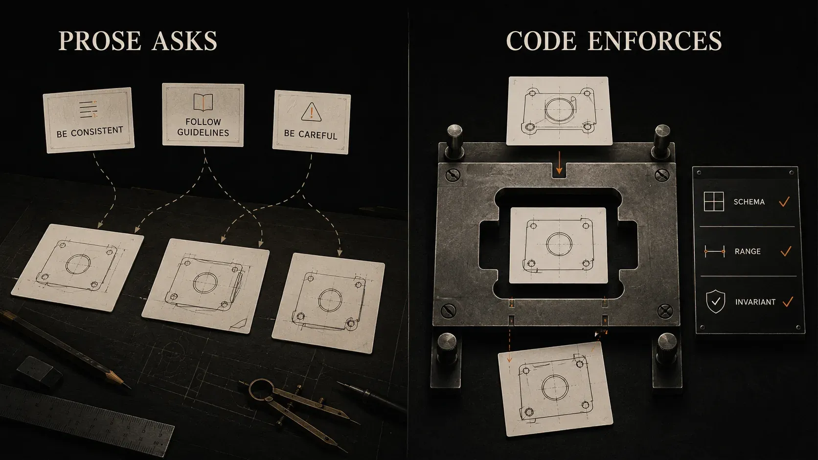 A two-panel illustration on a black background. Left panel, PROSE ASKS: three loosely placed paper cards reading BE CONSISTENT, FOLLOW GUIDELINES and BE CAREFUL, with dashed lines drifting down to three scattered parts. Right panel, CODE ENFORCES: a heavy metal clamp holding a single part precisely in place, beside a checklist with SCHEMA, RANGE and INVARIANT each ticked. A prose guardrail requests the right behaviour; a code guardrail mechanically enforces it.