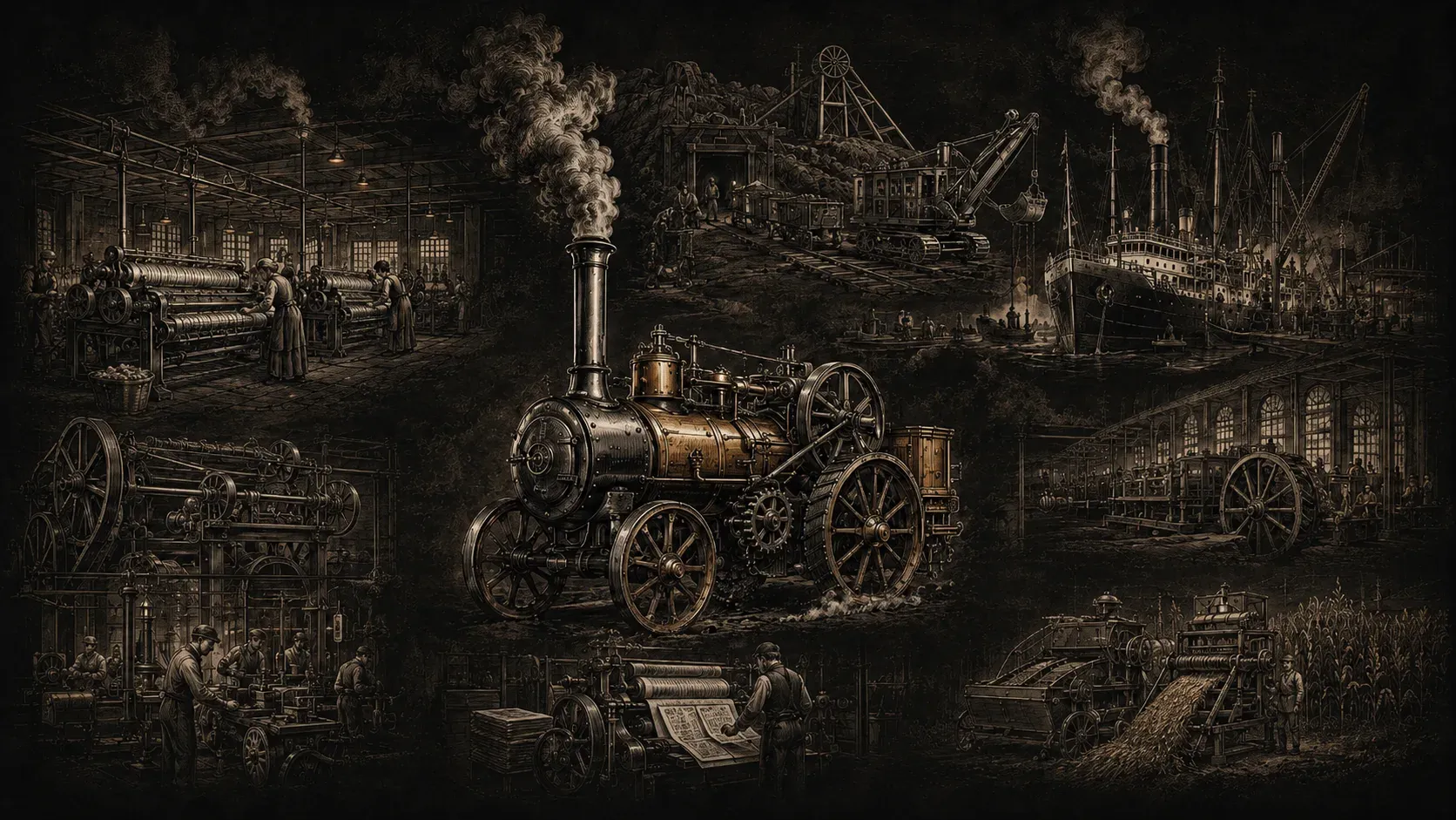 A dark editorial illustration in warm gold line art on a near-black background. A single steam traction engine sits at the centre, ringed by vignettes of the industries it powered: a textile mill of looms, a mine with a crane, cargo ships, factory floors, and a threshing machine. One engine showing up across every sector at once.